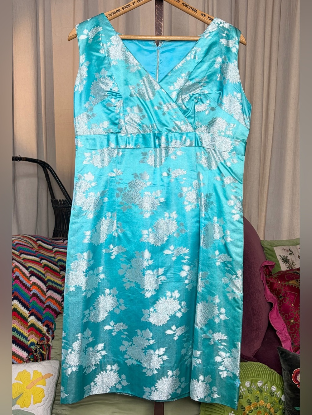 60s Turquoise and Silver Brocade Sheath Dress